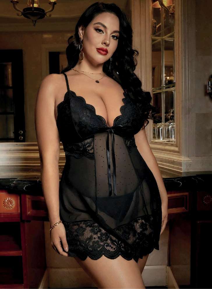 Büyük Beden Siyah Dantelli Şeffaf Babydoll Gecelik - Fiyonklu