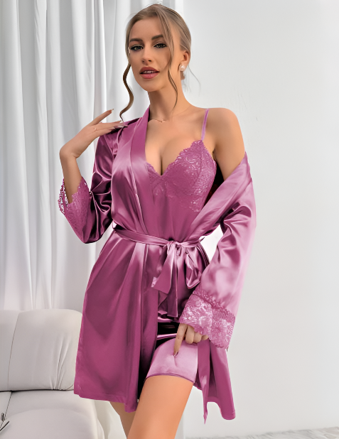 Mor Saten Gecelik ve Kimono Sabahlık İkili Takım - Dantel Detaylı - Alternatif Görsel