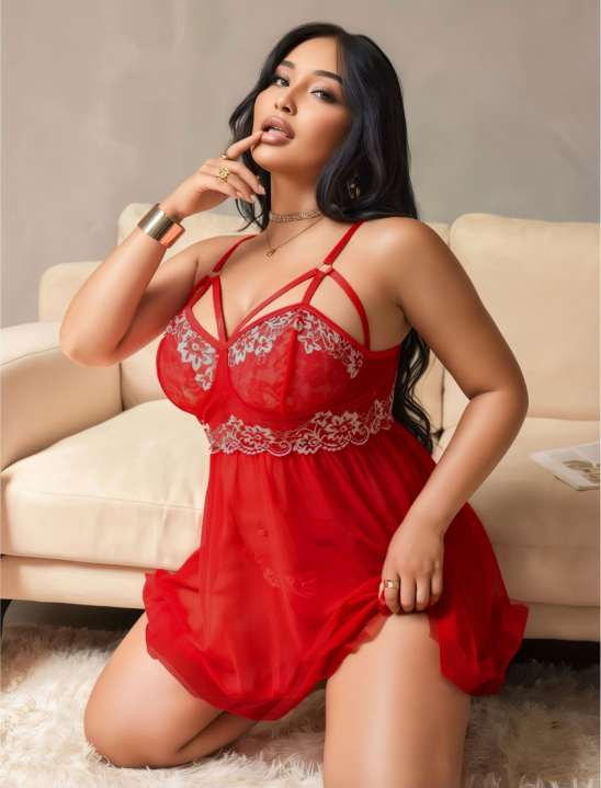 Büyük Beden Kırmızı Beyaz Dantelli Çapraz Askılı Babydoll Gecelik - Alternatif Görsel