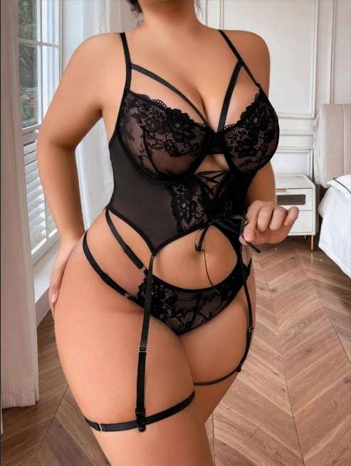 Büyük Beden Siyah Dantelli Kayışlı Bodysuit Jartiyer Seti - Alternatif Görsel