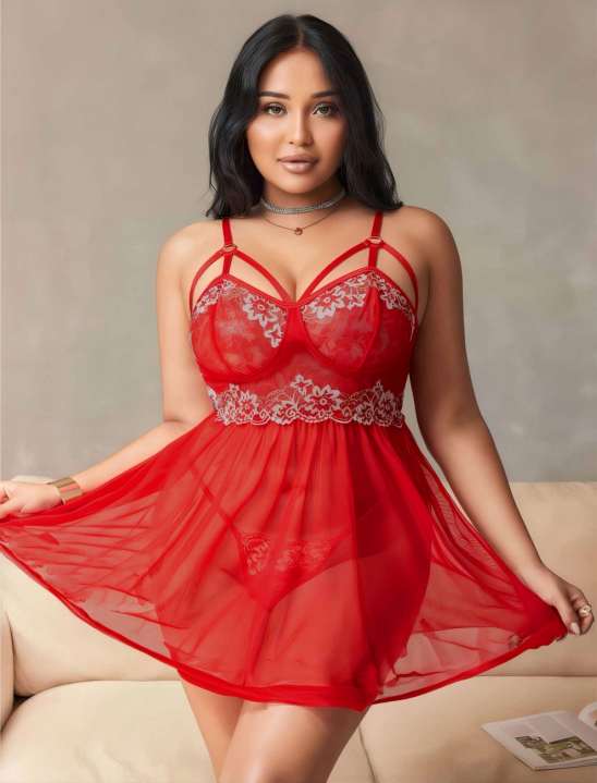 Büyük Beden Kırmızı Beyaz Dantelli Çapraz Askılı Babydoll Gecelik