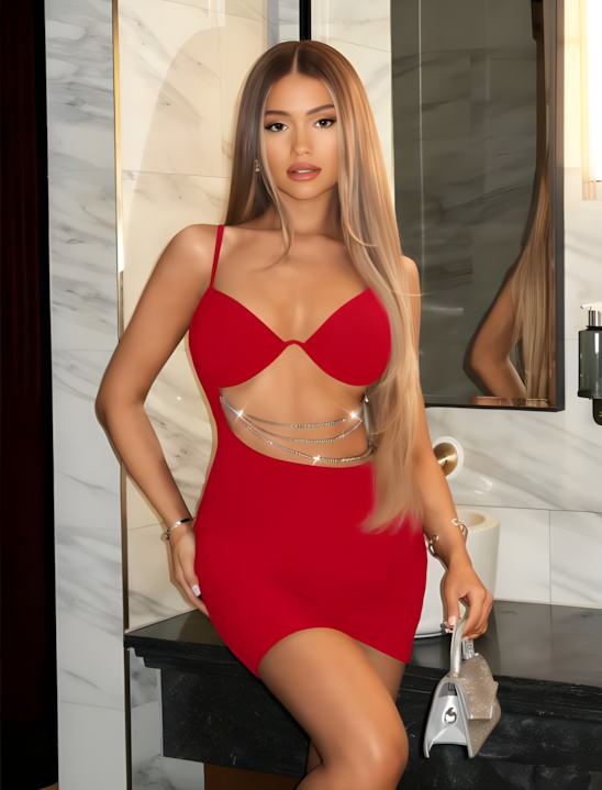 Kadın Kırmızı İp Askılı Cut-Out Kesim Zincir Detaylı Mini Elbise