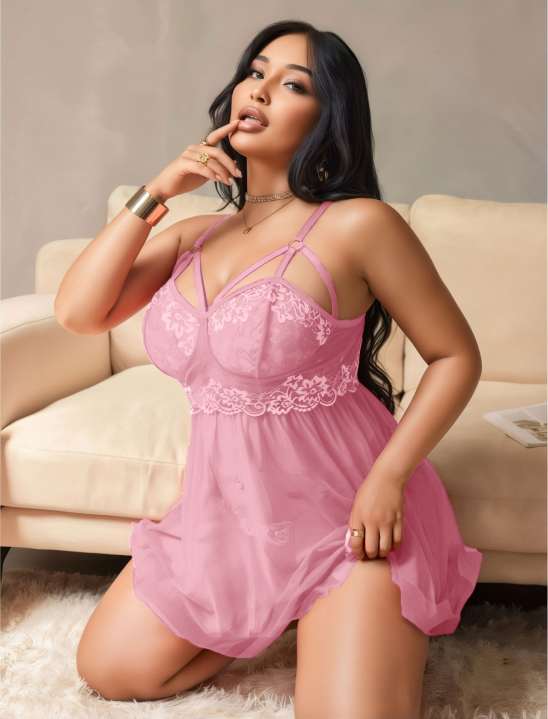 Büyük Beden Pembe Dantelli Çapraz Askılı Babydoll Gecelik