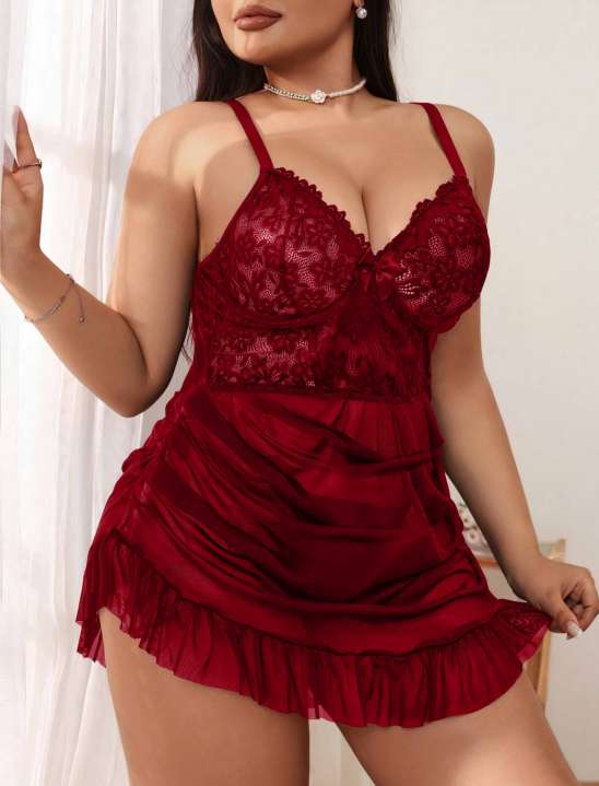 Büyük Beden Bordo Kırmızı Dantelli Saten Babydoll Gecelik - Fisto Etek - Alternatif Görsel