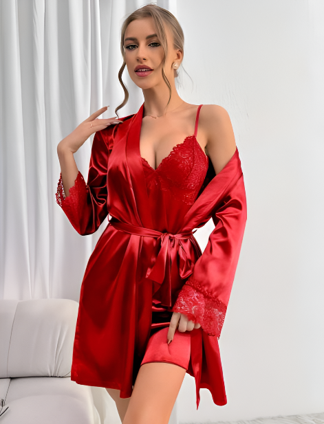 Kırmızı Saten Gecelik ve Kimono Sabahlık İkili Takım - Dantel Detaylı - Alternatif Görsel
