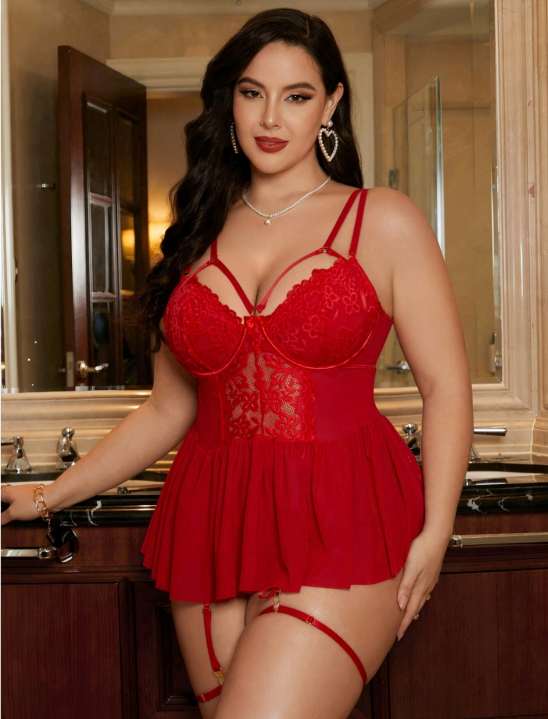 Büyük Beden Kırmızı Dantelli Çapraz Askılı Jartiyer Detaylı Babydoll Gecelik
