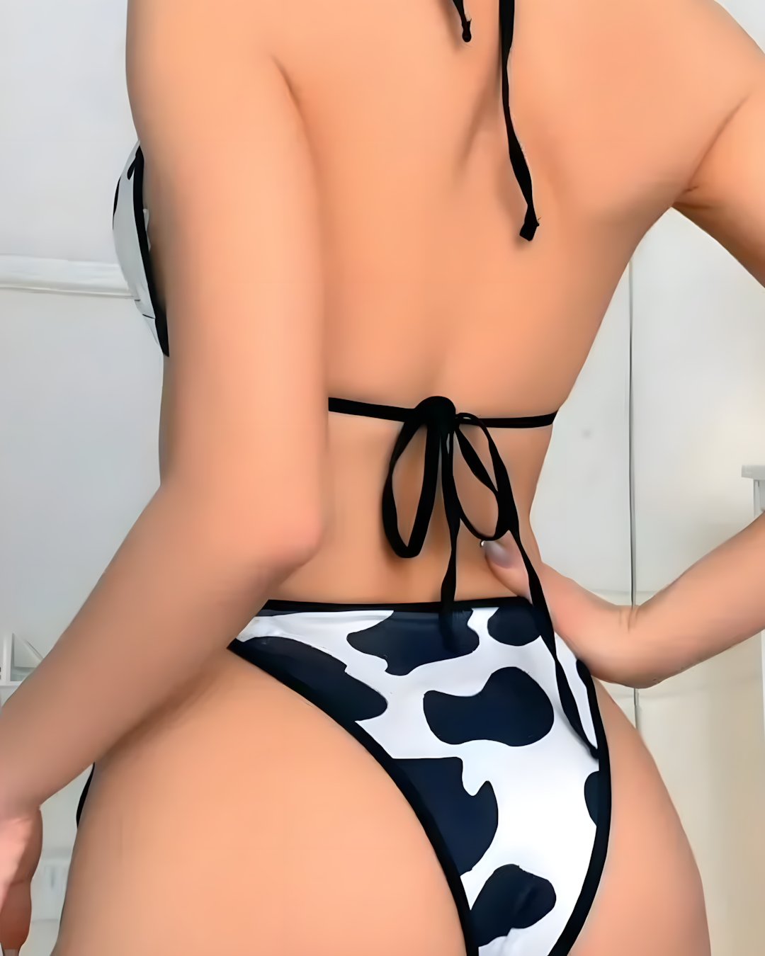 Siyah Beyaz İnek Desenli Yanları Bağlamalı Bikini Takımı - Nafelya İç Giyim Koleksiyonu - Görsel 2