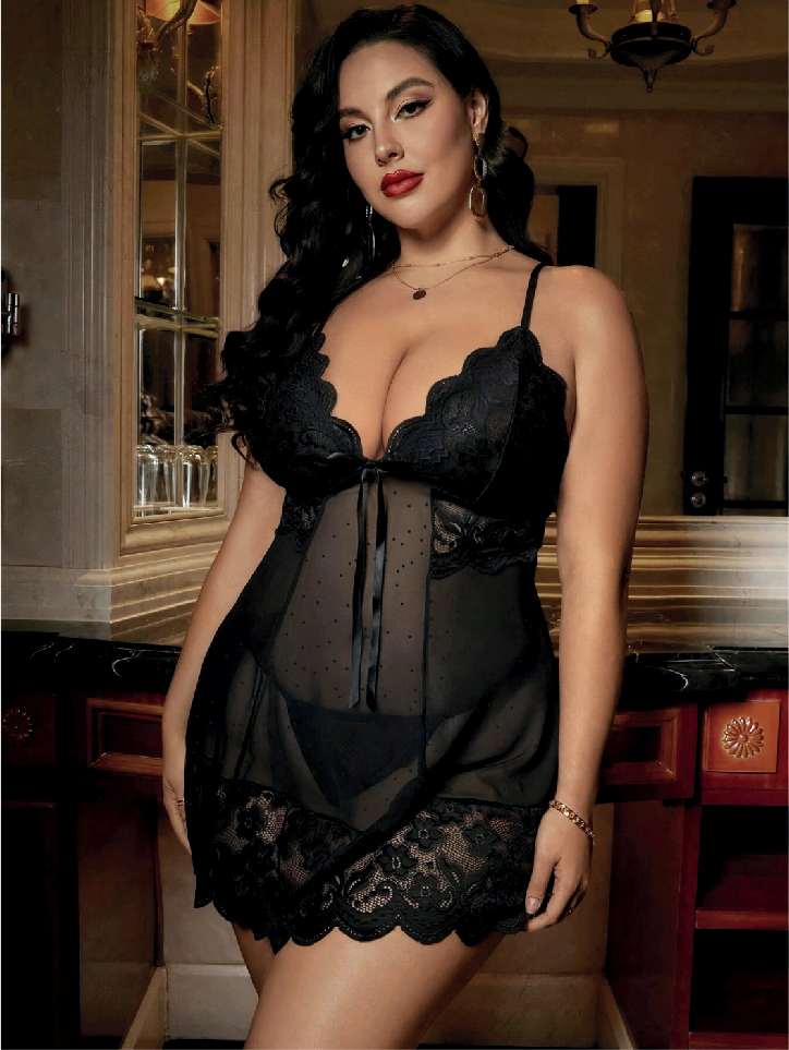 Büyük Beden Siyah Dantelli Şeffaf Babydoll Gecelik - Fiyonklu - Alternatif Görsel