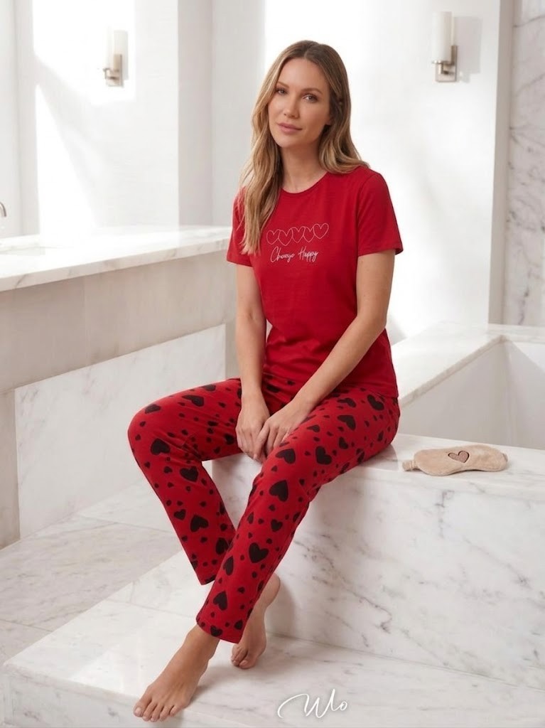 Kadın Kırmızı Kalp Desenli Kısa Kollu Pijama Takımı - Nafelya