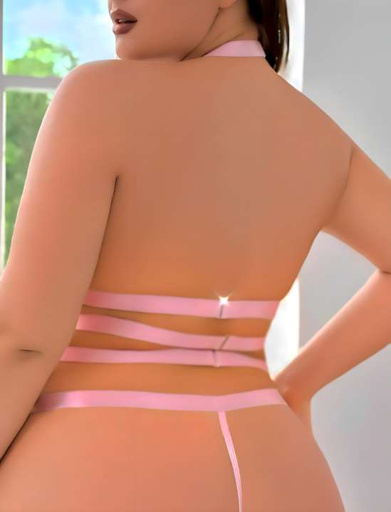 Pembe Dantelli Kalp Detaylı Straplı İç Giyim Takımı - Zincirli Jartiyerli 3 Parça Fantazi Set - Alternatif Görsel