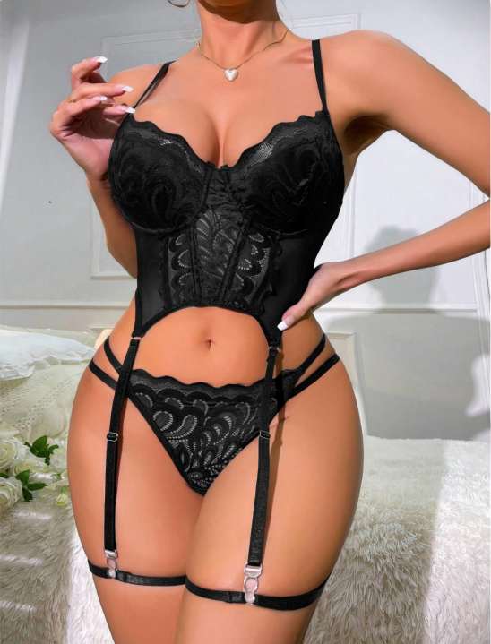 Siyah Dantelli Bodysuit Jartiyer Detaylı İç Giyim Seti - Alternatif Görsel