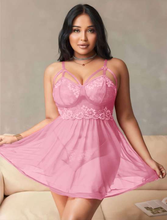 Büyük Beden Pembe Dantelli Çapraz Askılı Babydoll Gecelik - Alternatif Görsel